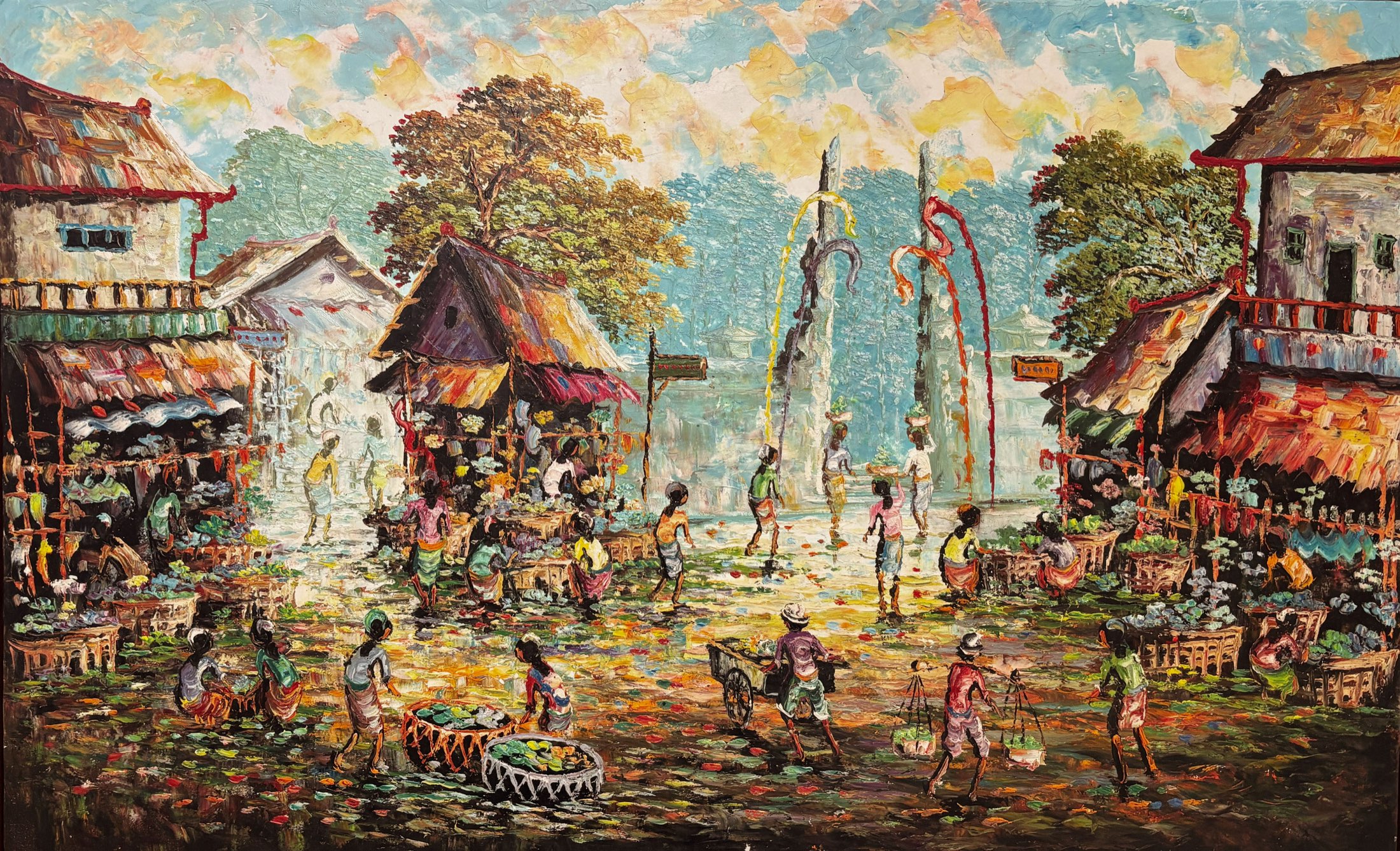 Village market mixed-media painting