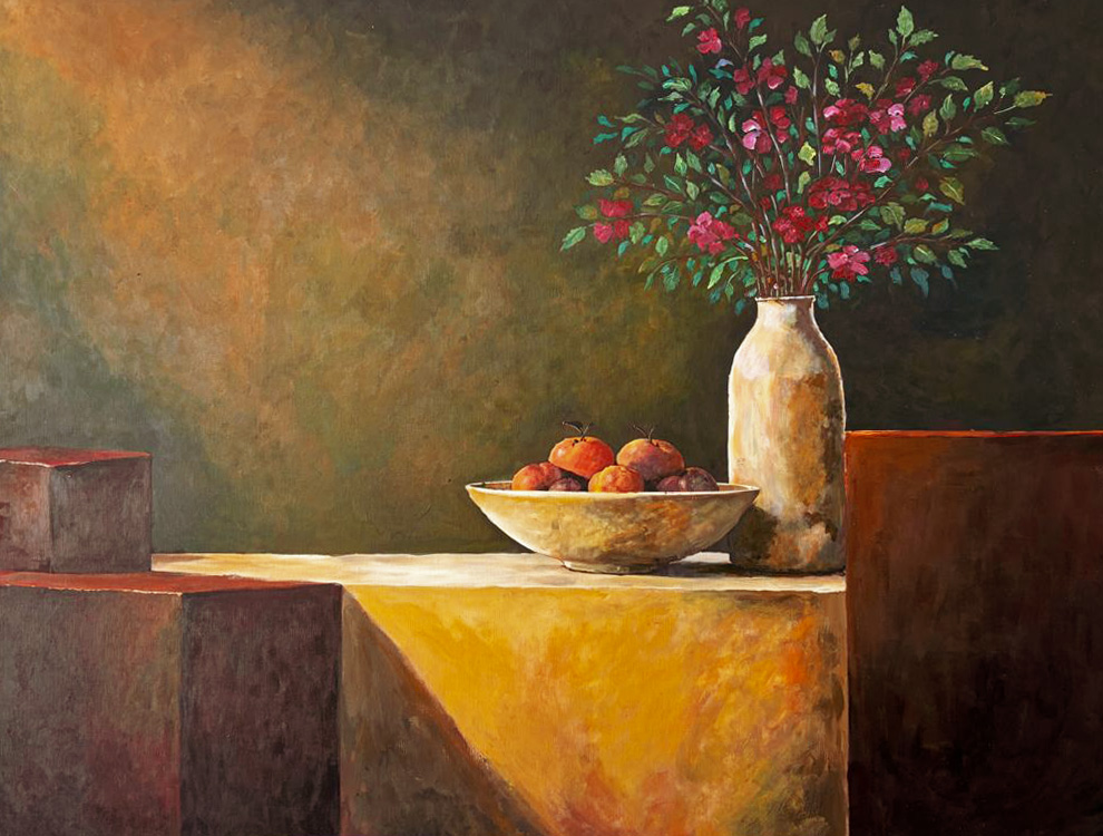 Still life with flowers and fruit