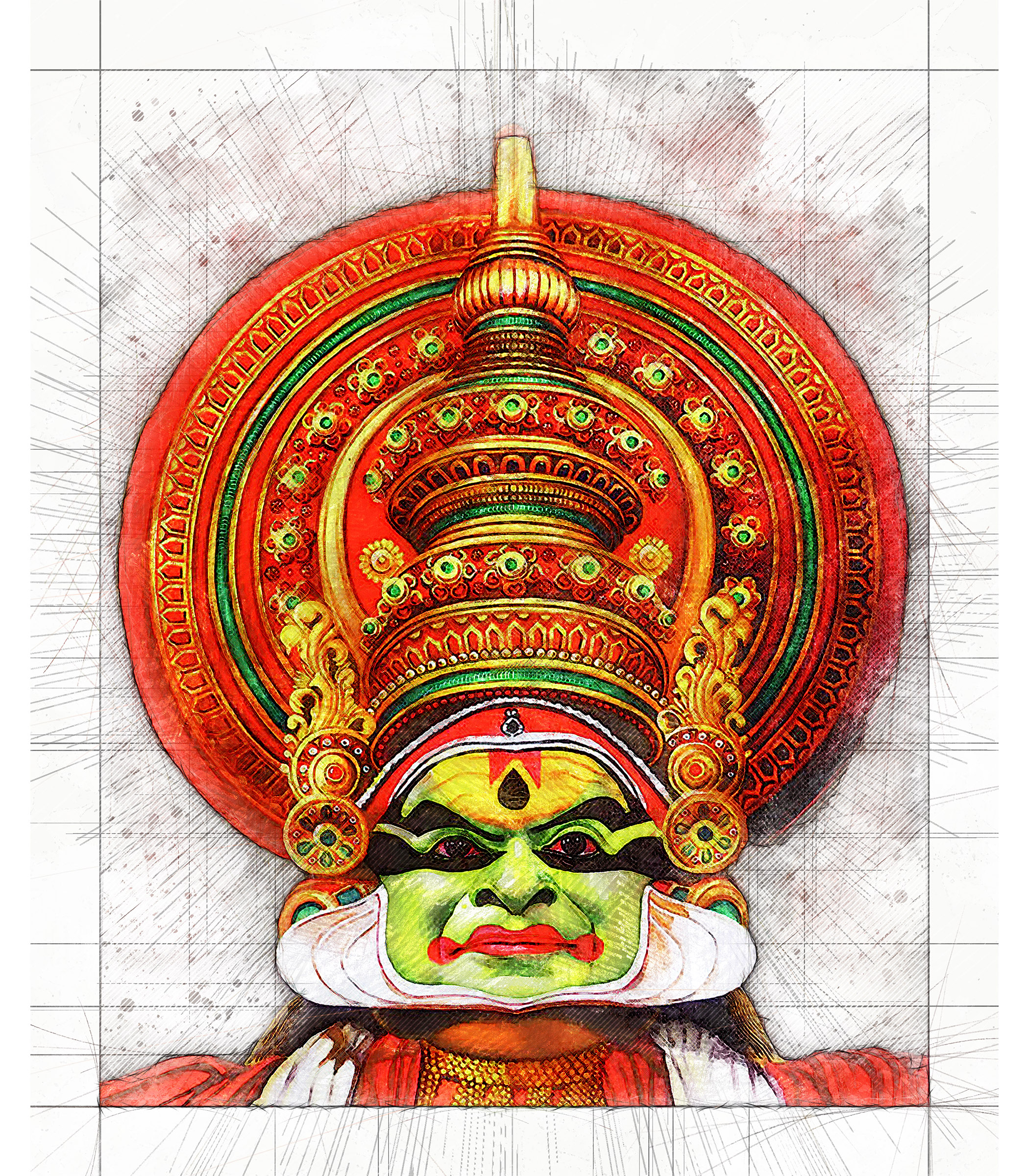 Green face illustration, Kathakali Folk Dances of Northern India Drawing,  onam, food, baby Toys png | PNGEgg